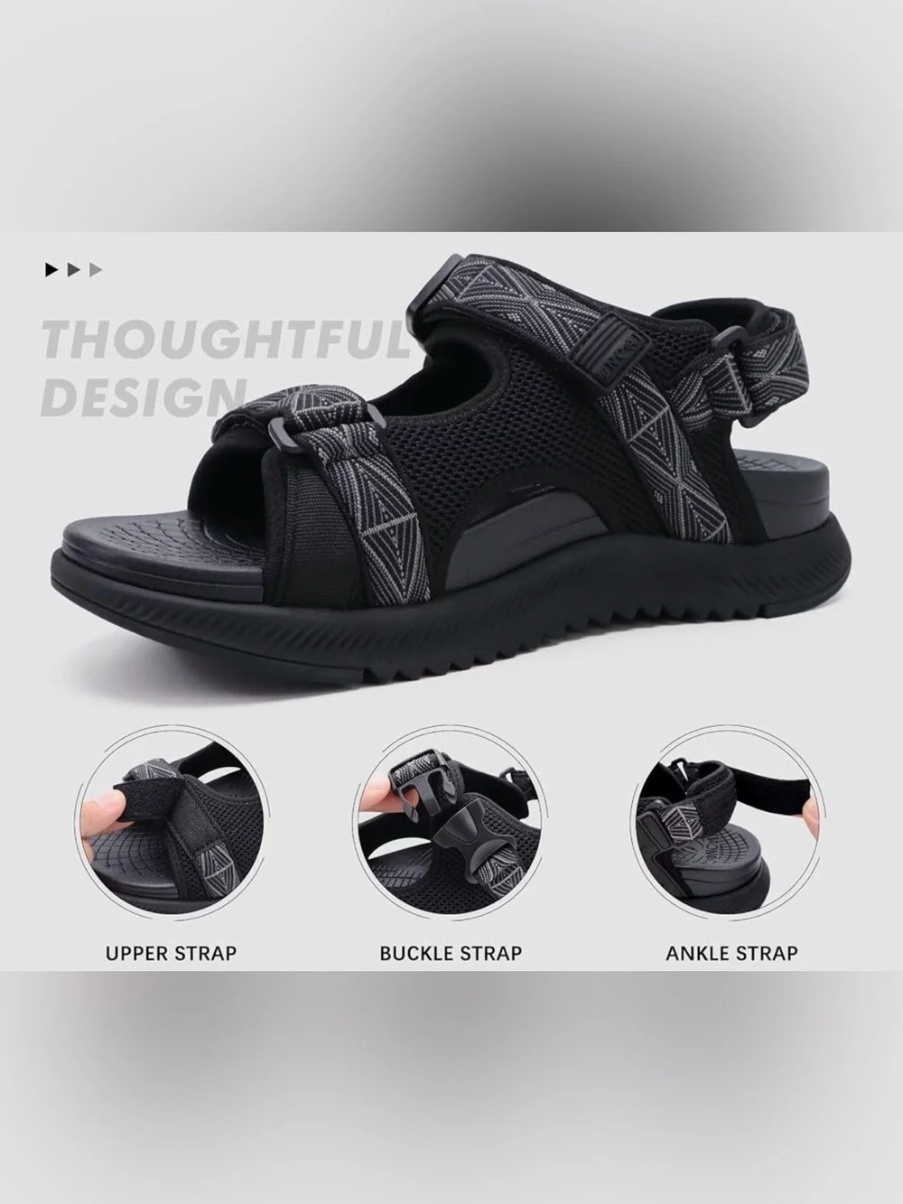 Men's Black Strapped Sport Sandal - Comfortable Everyday Grip